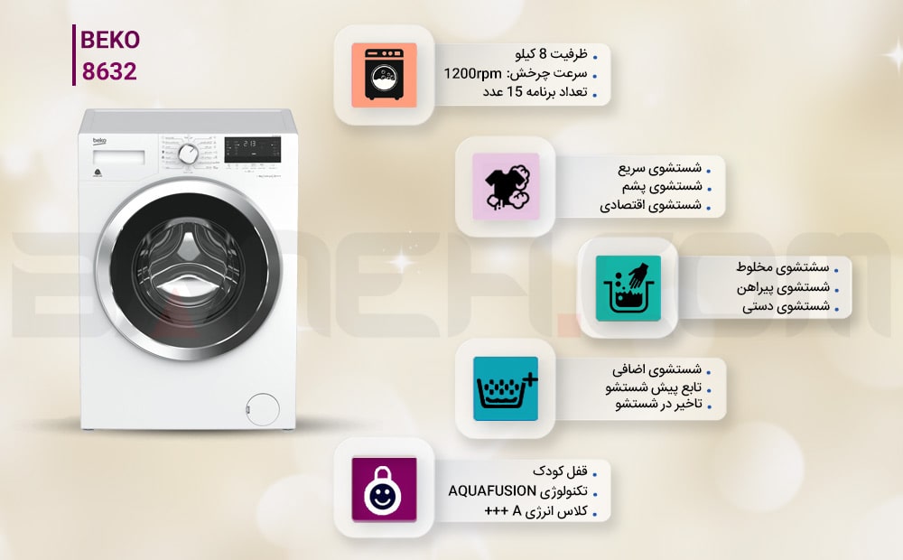ماشین لباسشویی بکو 8 کیلویی مدل 8632 در گناوه