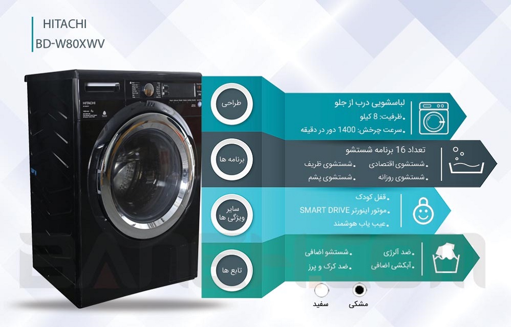 قیمت لباسشویی مشکی هیتاچی مدل BD-W80XWV در گناوه
