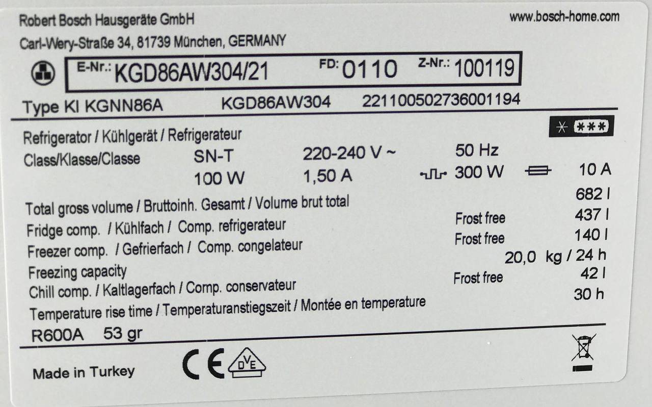 مشخصات یخچال بوش KGD86AW304